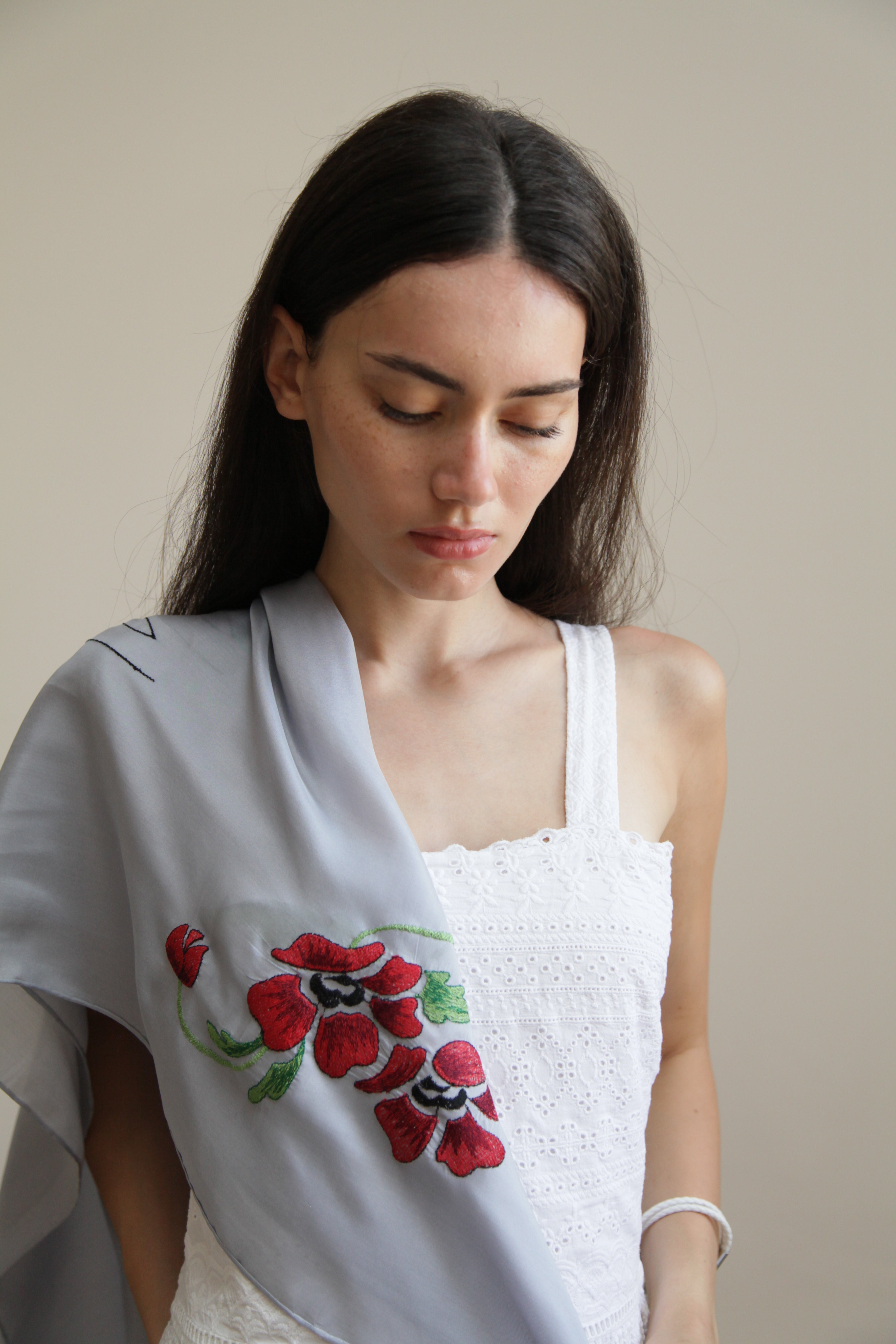“Twilight Blossom” - Light grey Elegance with Red,green,black Embroidery