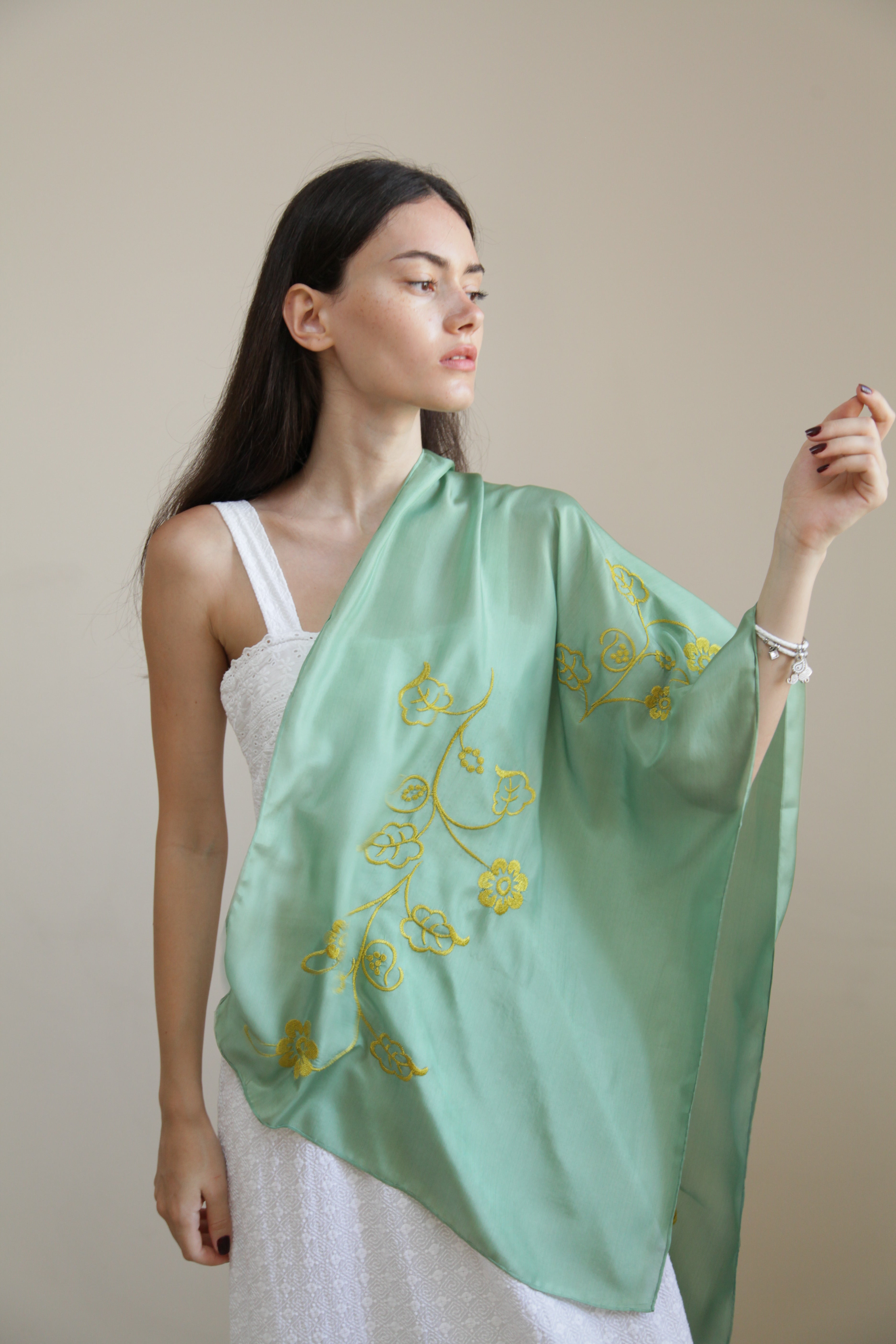 “Sunrise Beauty” - Green Elegance with Golden Embroidery