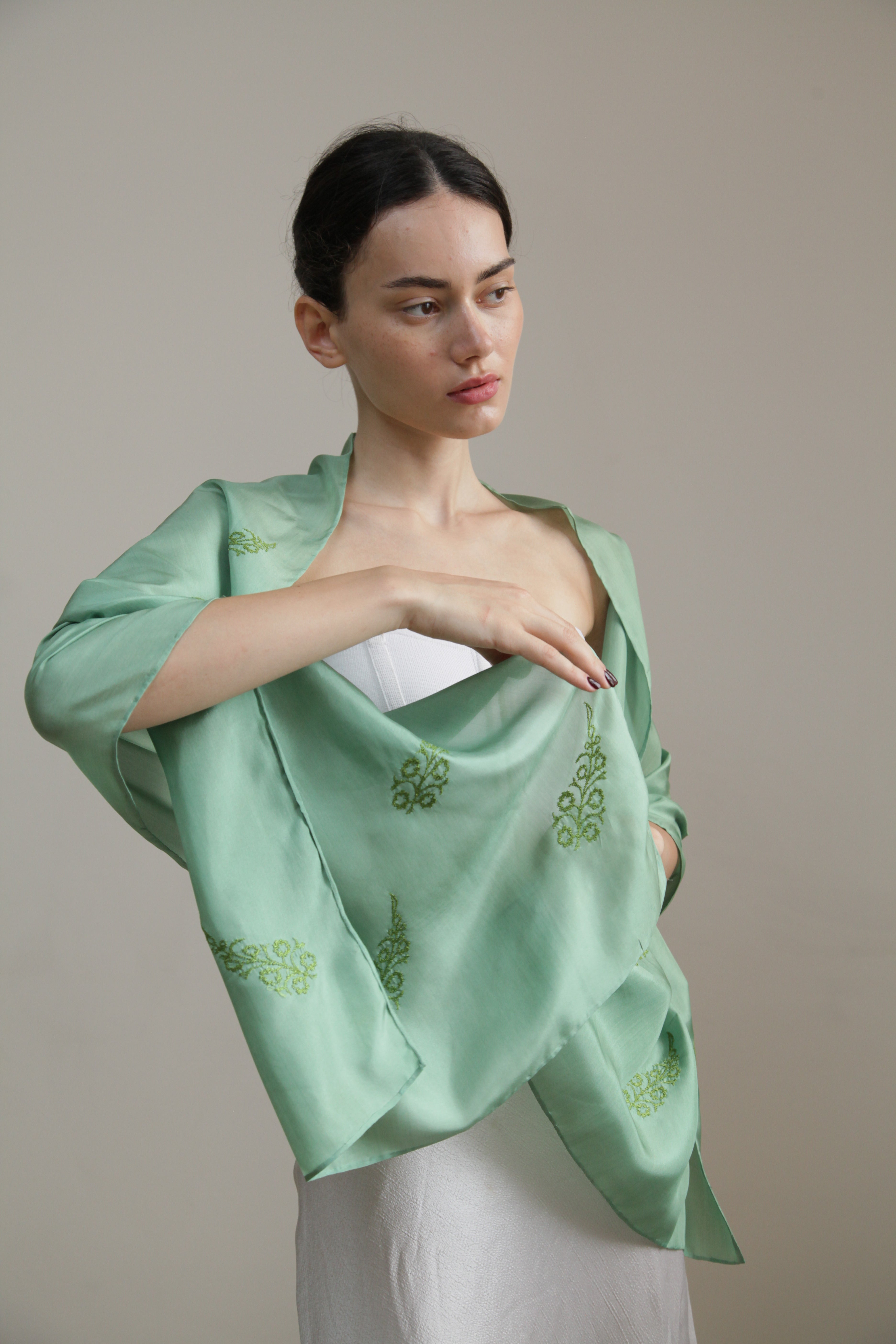“Golden Dawn” - Green Elegance with Golden-green Embroidery