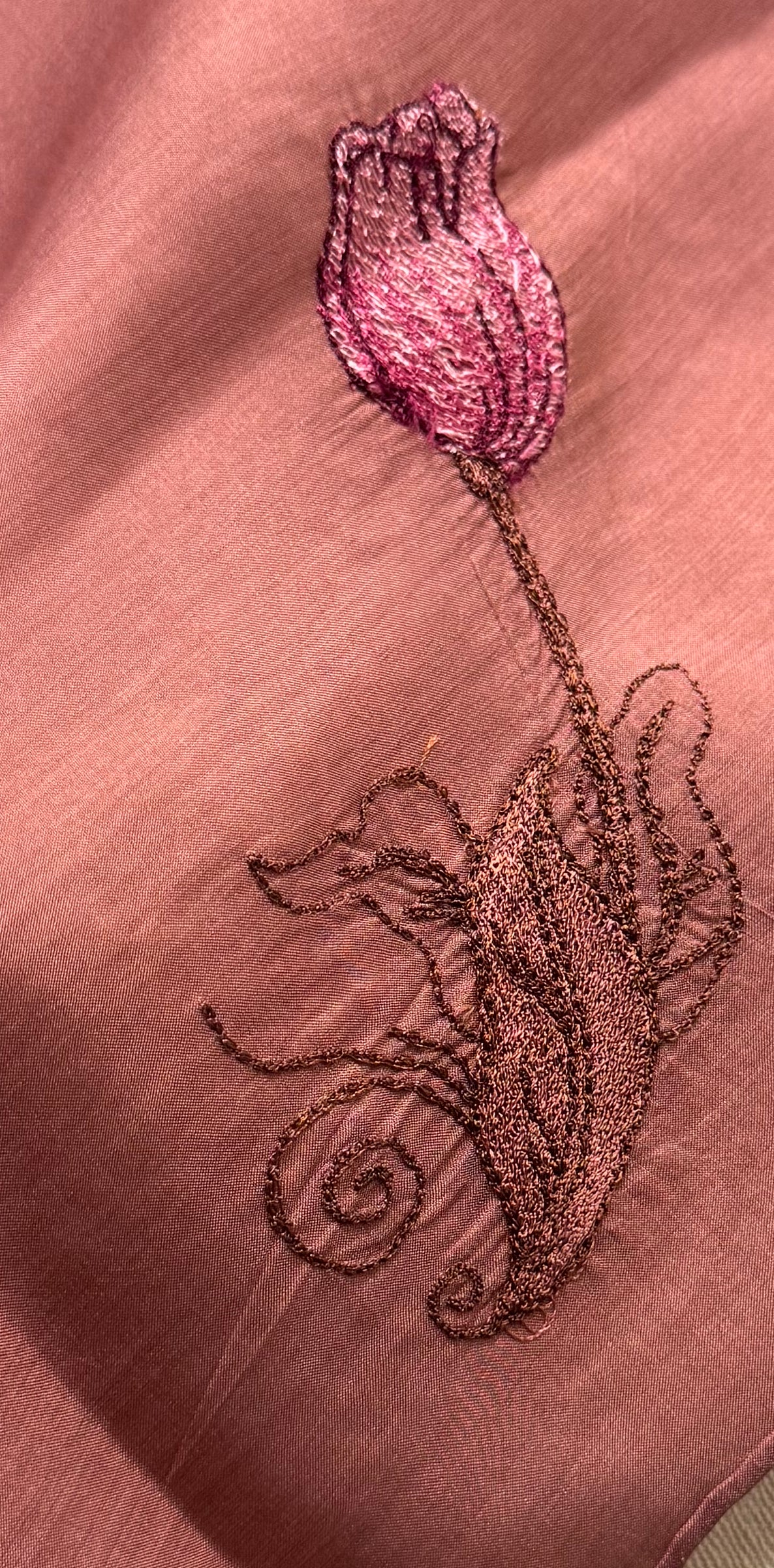 “Crimson Glow” - Brown Rose Elegance with Dark brown&pink Embroidery