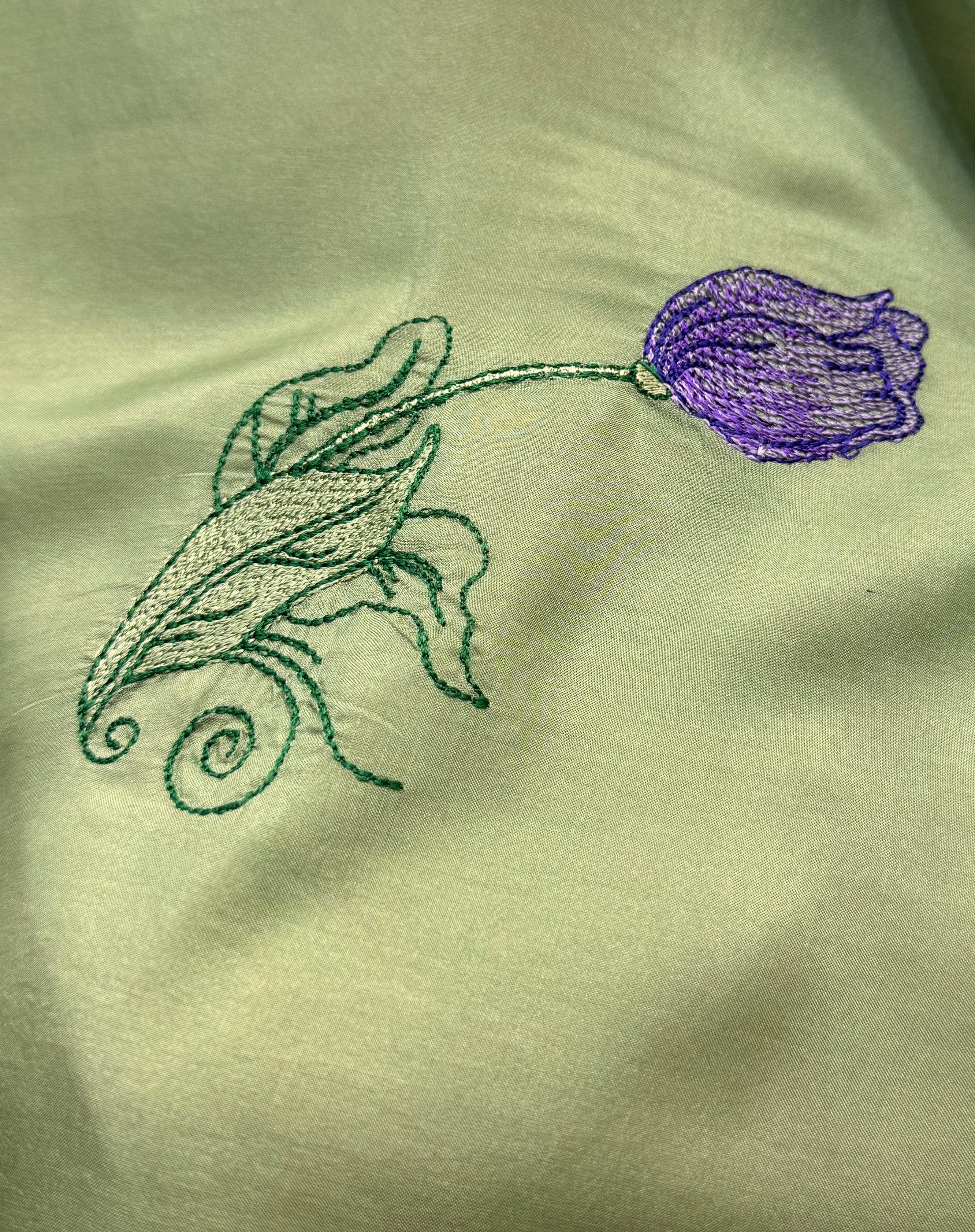 “Verdant Reverie” - Green  Elegance with Lilac&green Embroidery