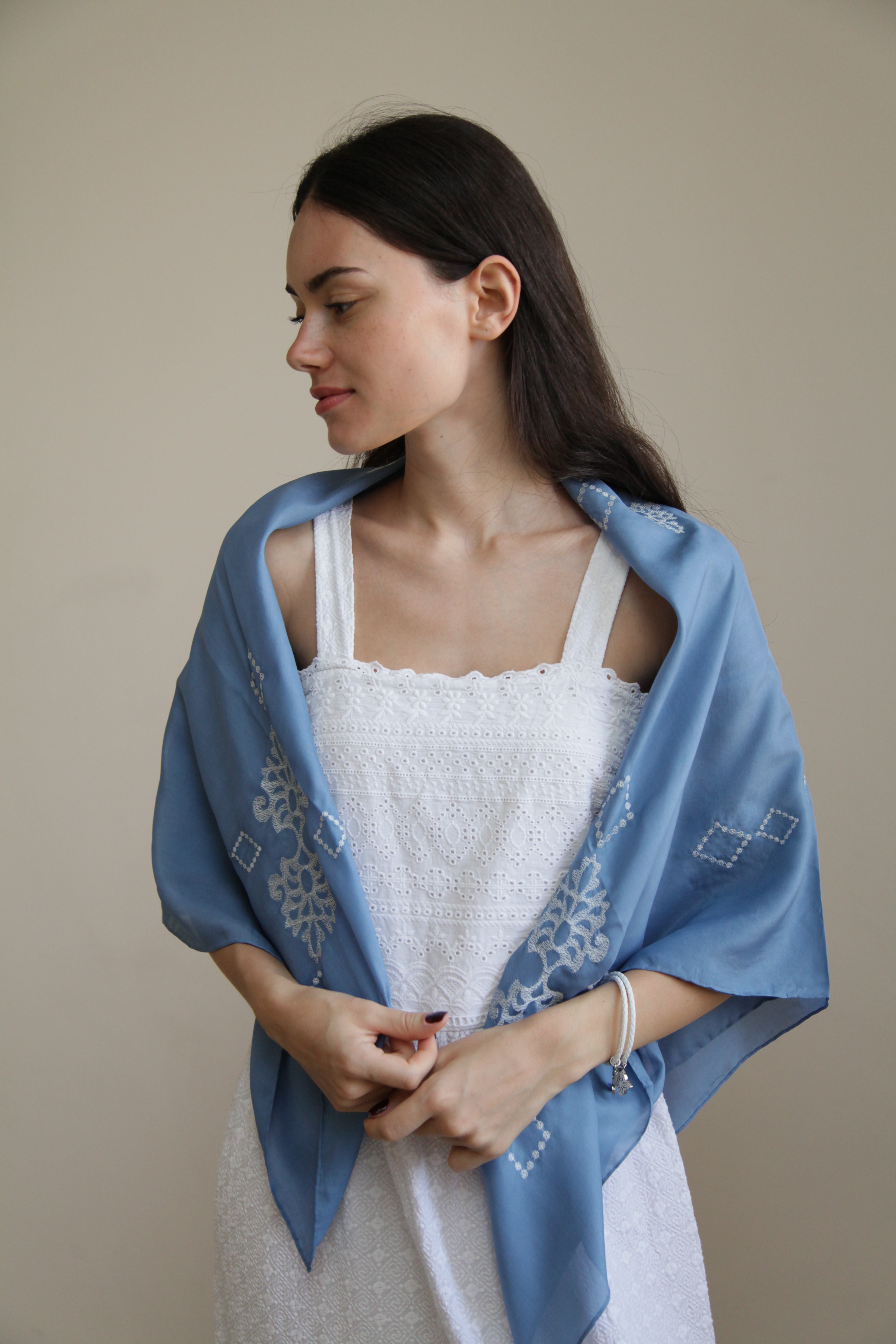 “Azure Whisper” - Blue Elegance with White Embroidery