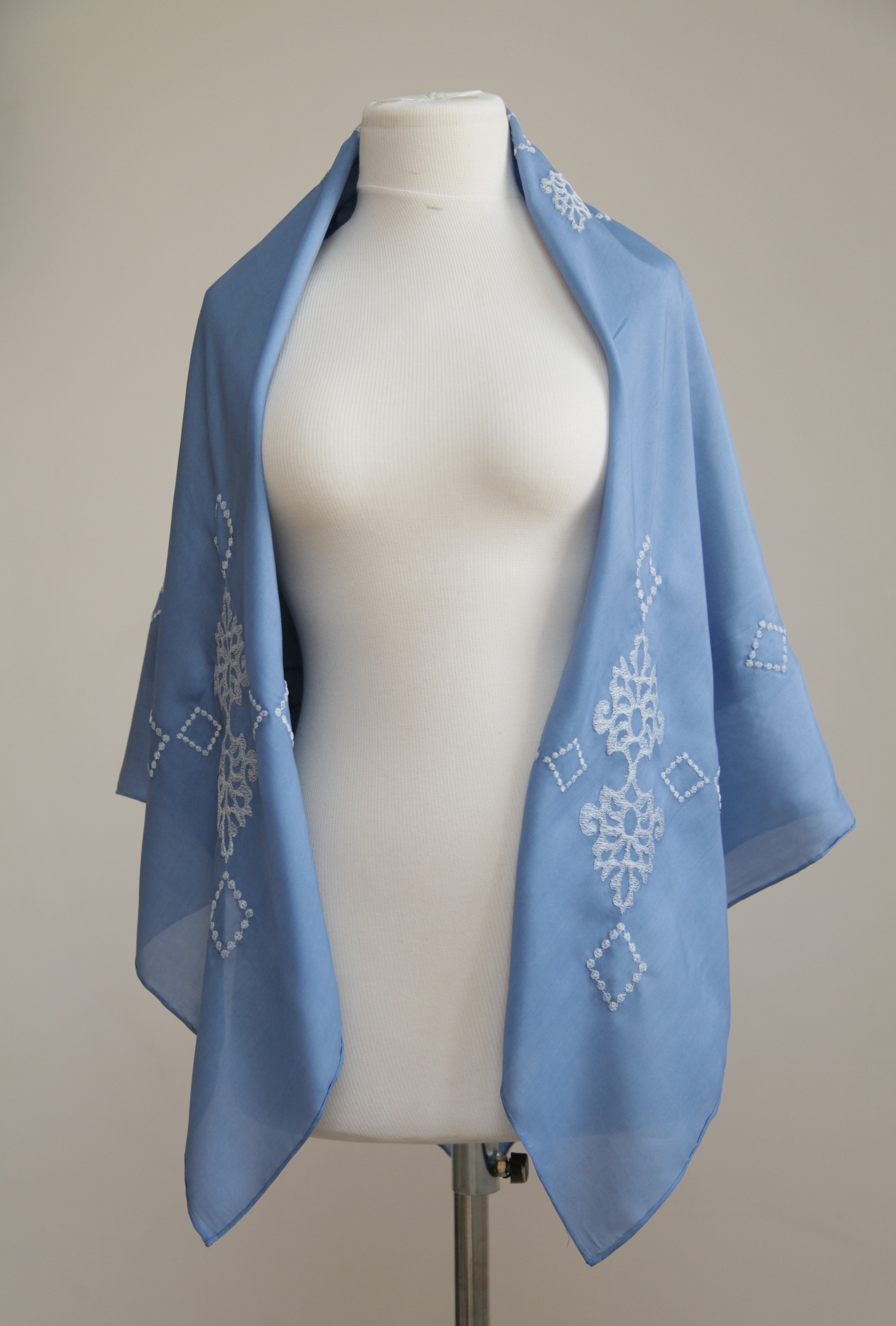 “Azure Whisper” - Blue Elegance with White Embroidery