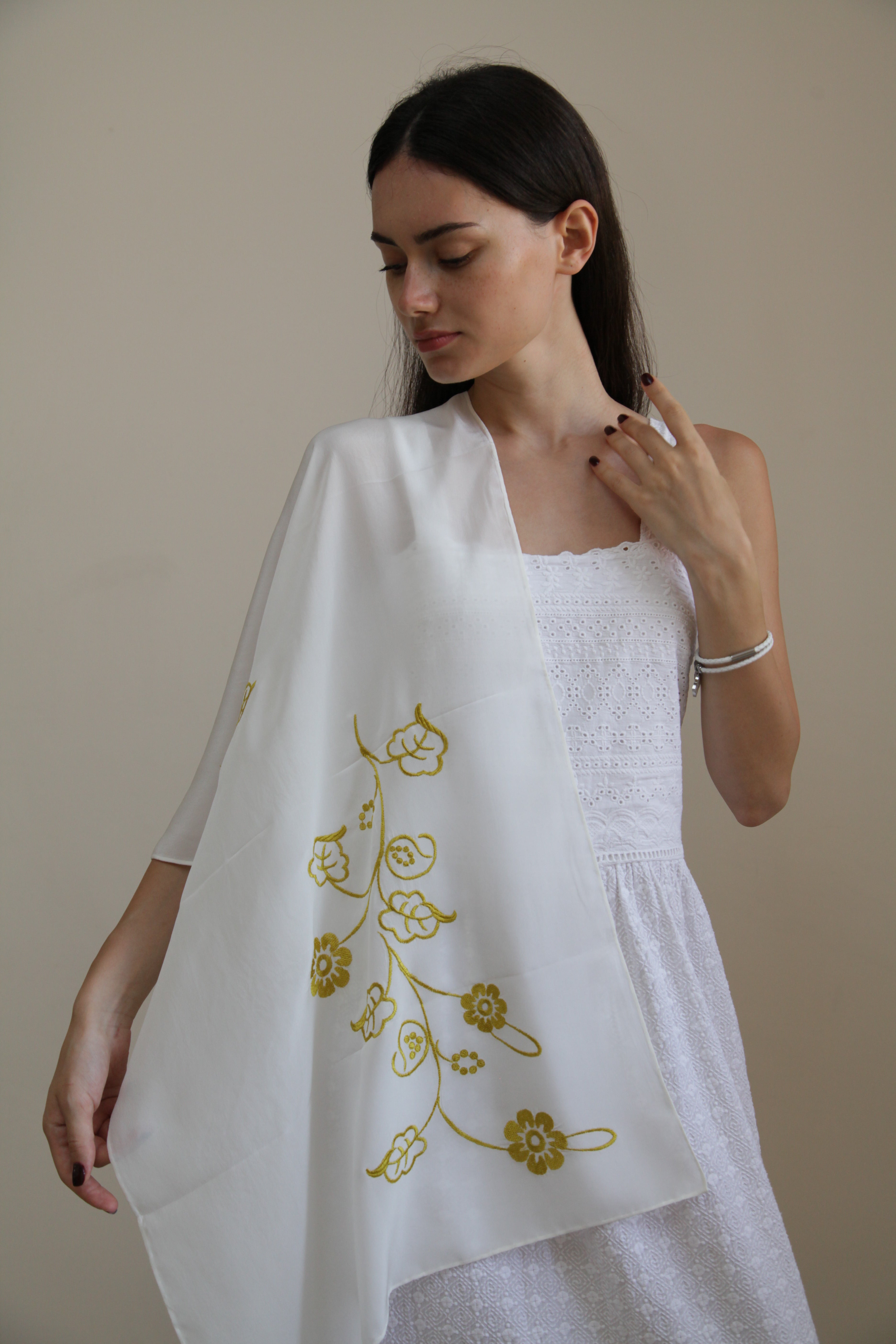 “Midnight Bloom” - White Elegance with Golden Embroidery