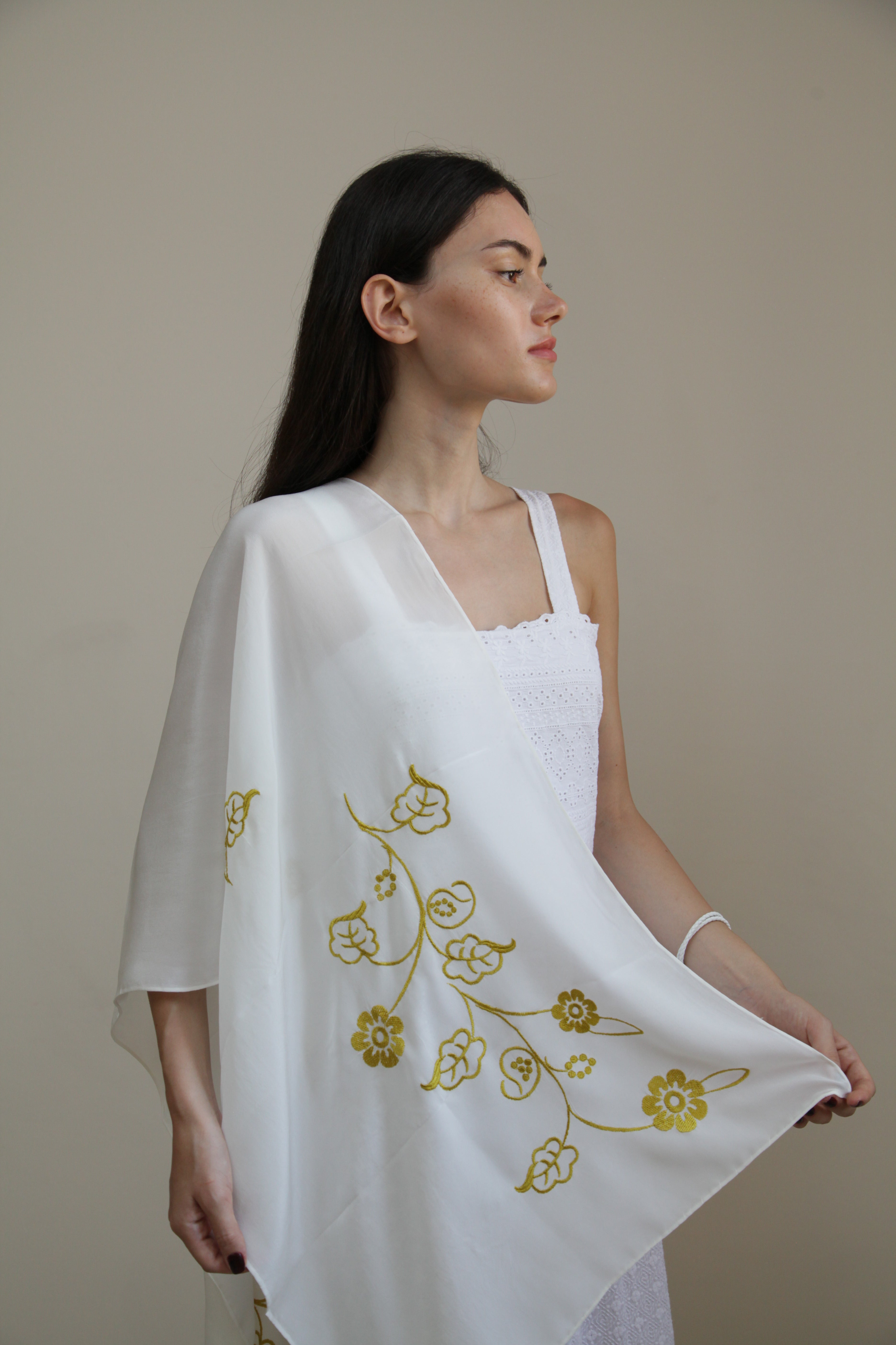 “Midnight Bloom” - White Elegance with Golden Embroidery