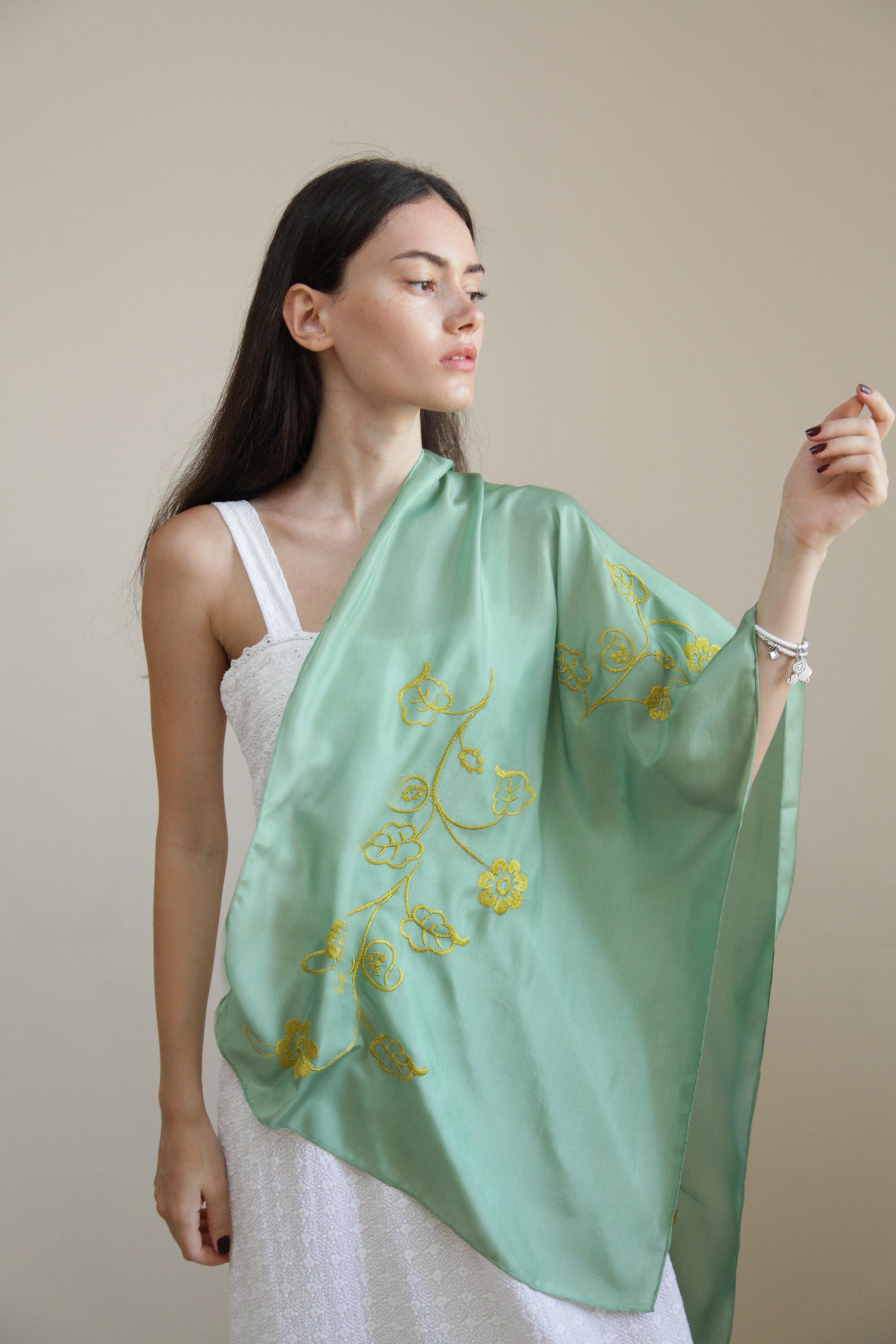 “Sunrise Beauty” - Green   Elegance with Golden Embroidery