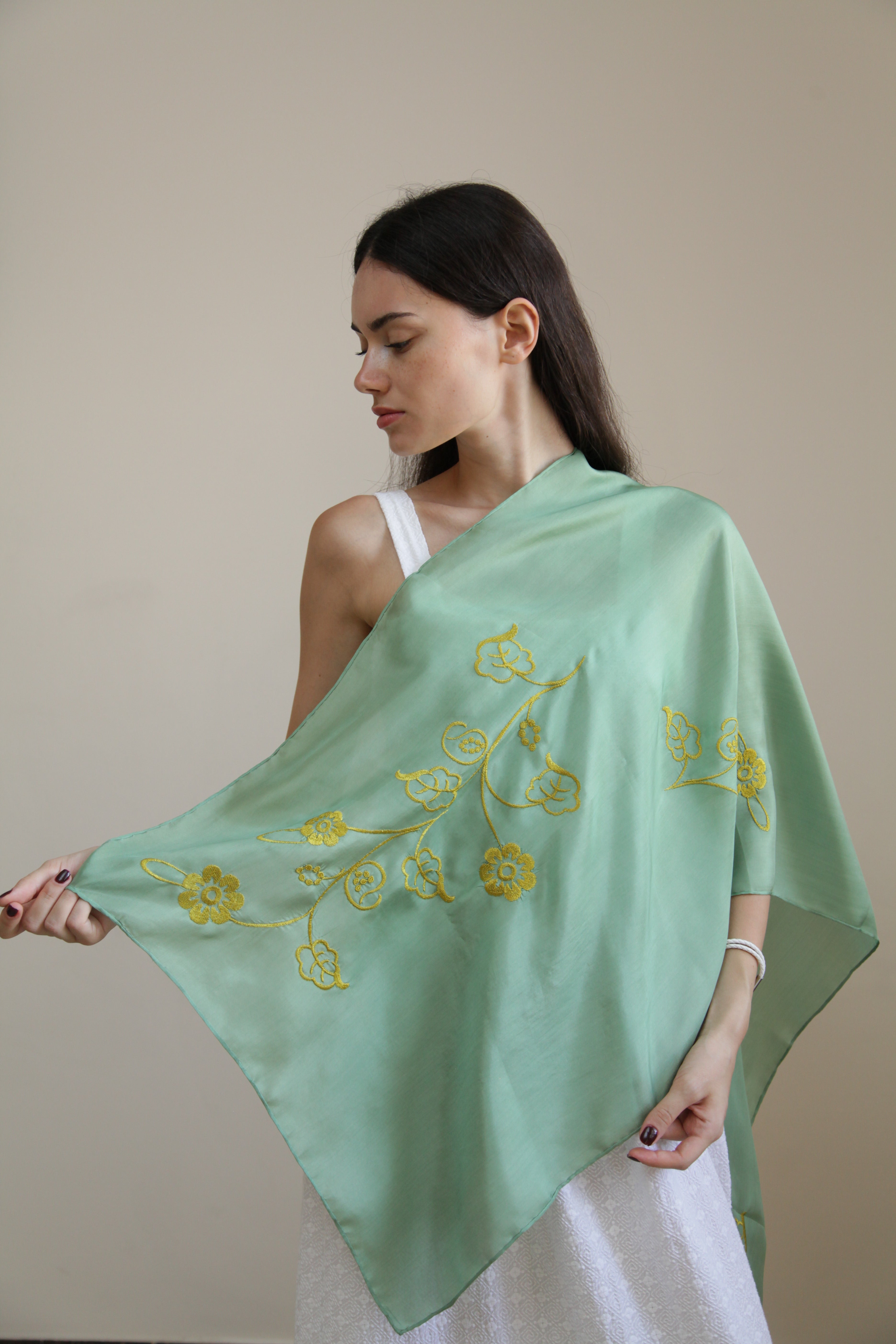 “Sunrise Beauty” - Green   Elegance with Golden Embroidery