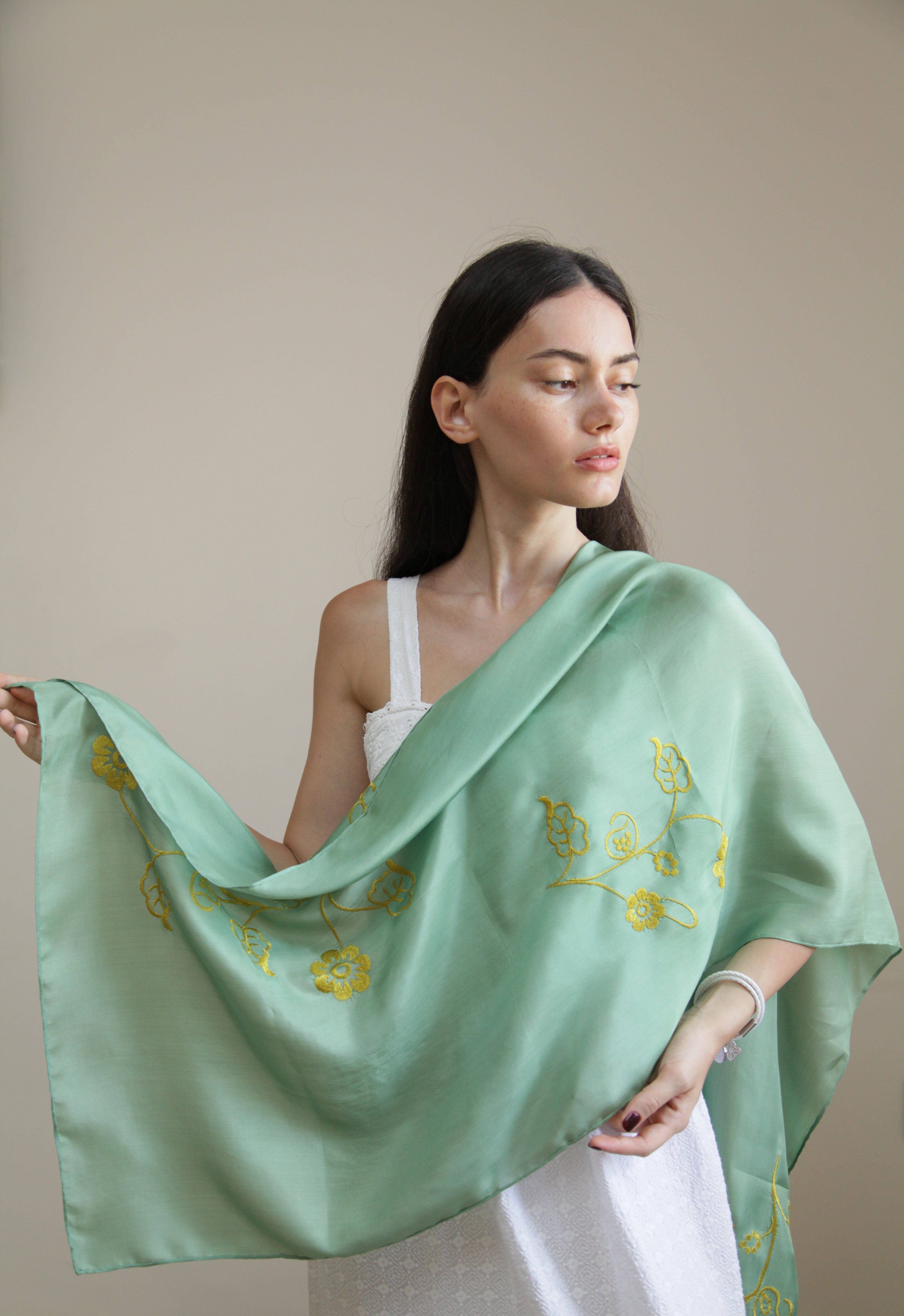 “Sunrise Beauty” - Green   Elegance with Golden Embroidery