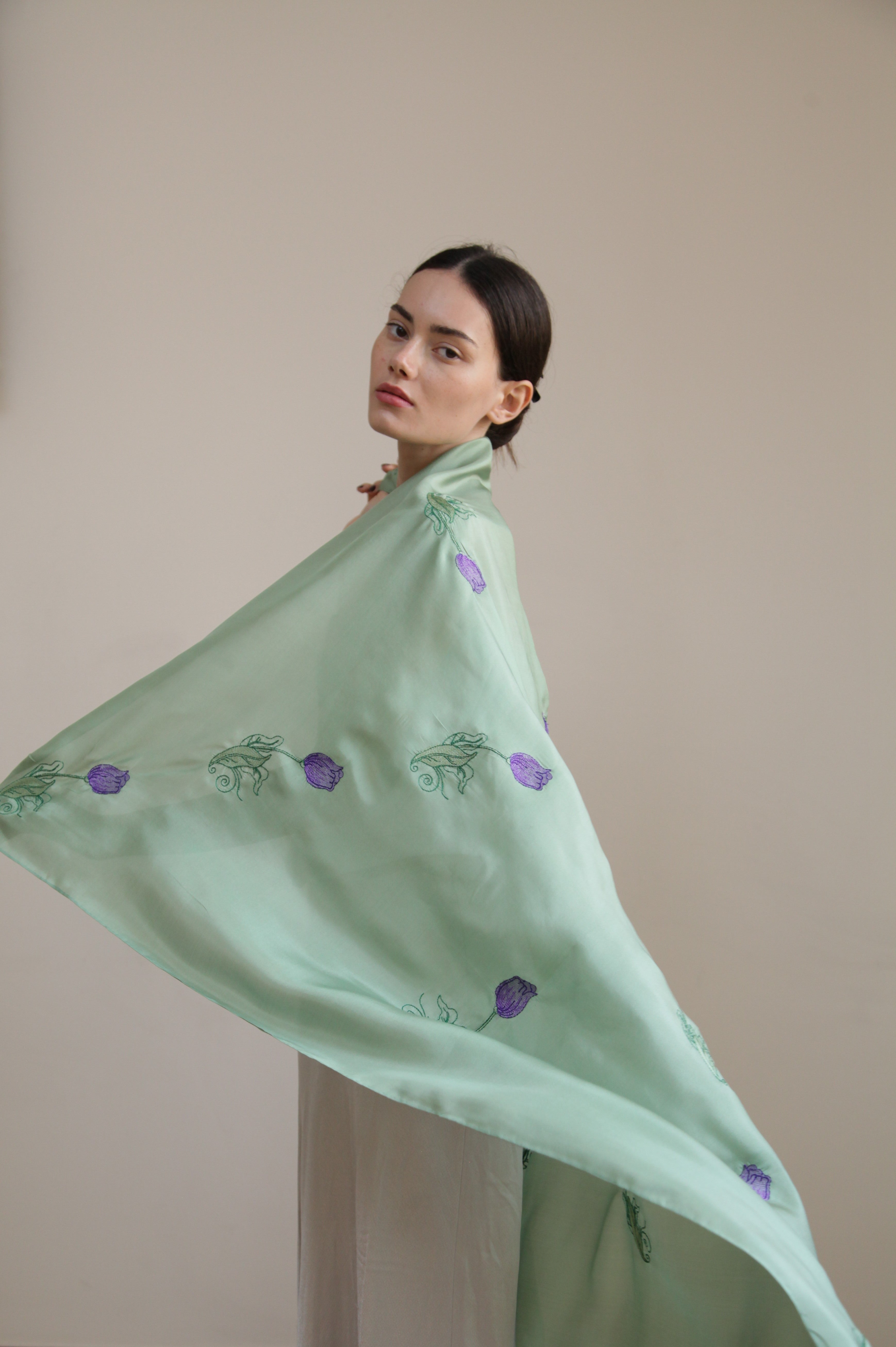 “Verdant Reverie” - Green  Elegance with Lilac&green Embroidery