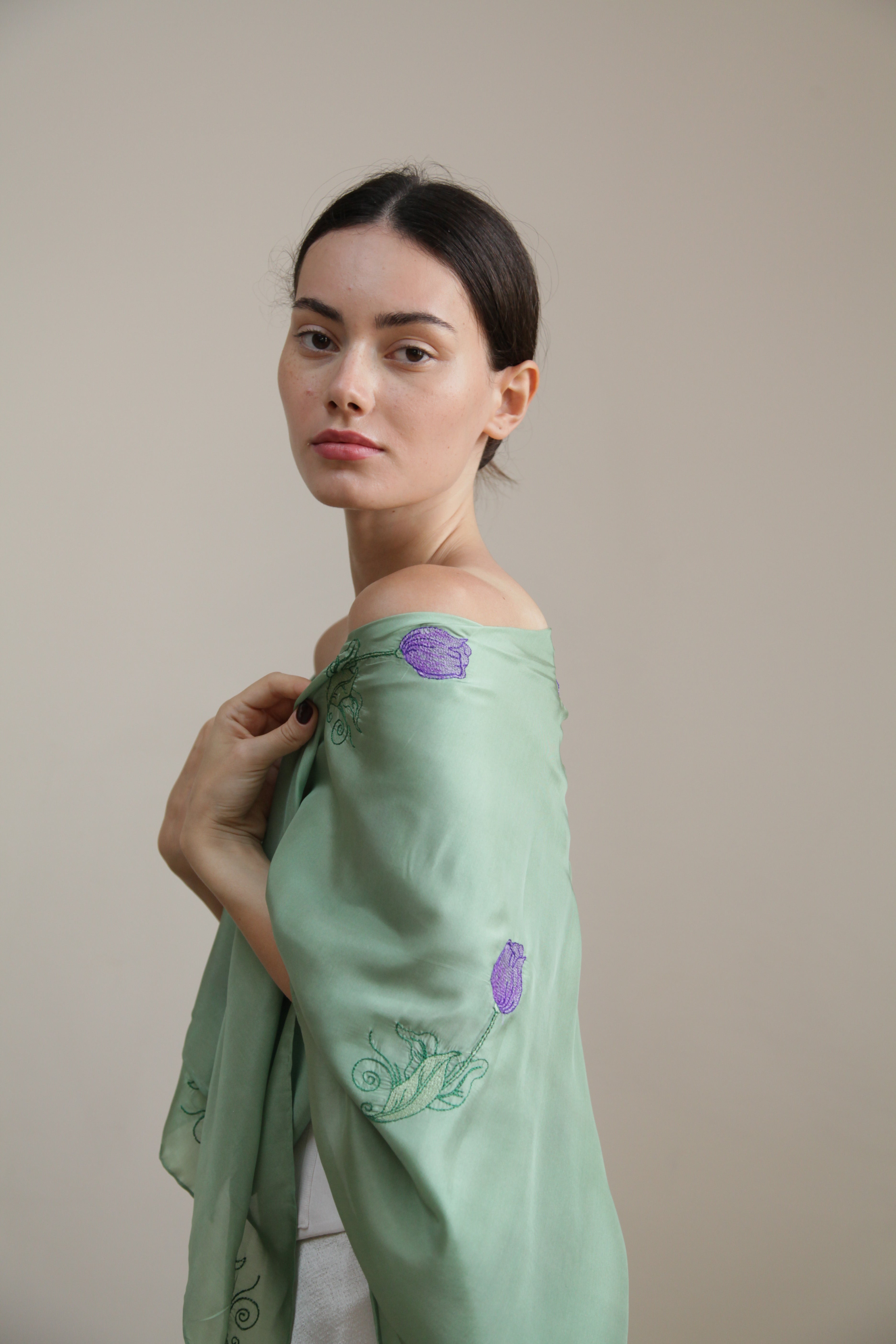 “Verdant Reverie” - Green  Elegance with Lilac&green Embroidery